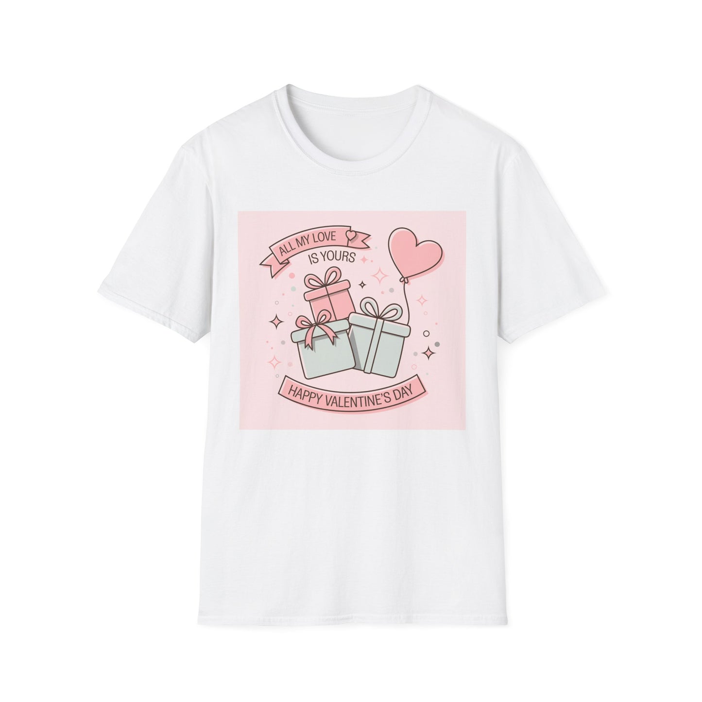 Charming 'All My Love Is Yours' Valentine's Day T-Shirt | Heart Balloon & Gift Boxes Tee | Romantic Gift Apparel