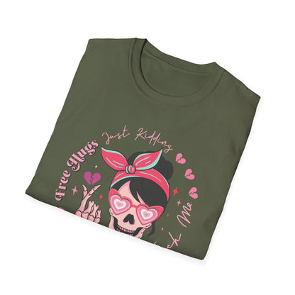 Sassy Skull 'Free Hugs Just Kidding' T-Shirt | Edgy Pink Heart Sunglasses & Broken Hearts Tee | Funny Personal Space Gift for Her