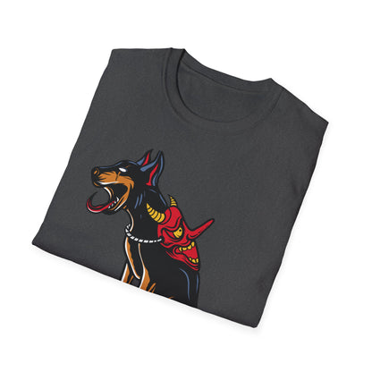 Fierce Doberman Hannya Mask T-Shirt: Epic Japanese Demon Dog Design. Bold Statement Tee for Edgy Dog Lovers & Culture Fans.
