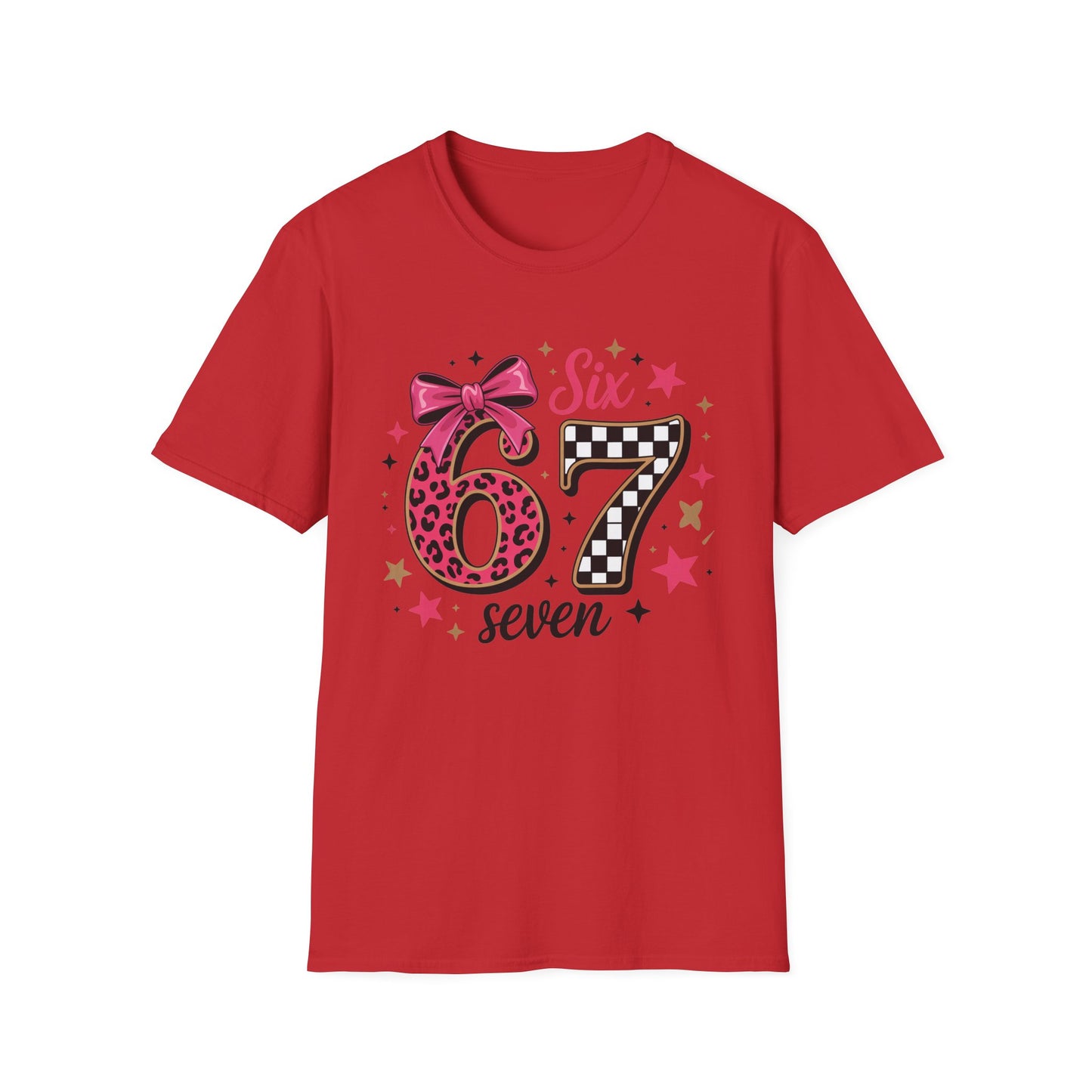 Glam Six & Seven Birthday T-Shirt for Girls | Trendy Pink Leopard Print 6 & 7 Kids Party Tee with Checkerboard & Sparkly Bow