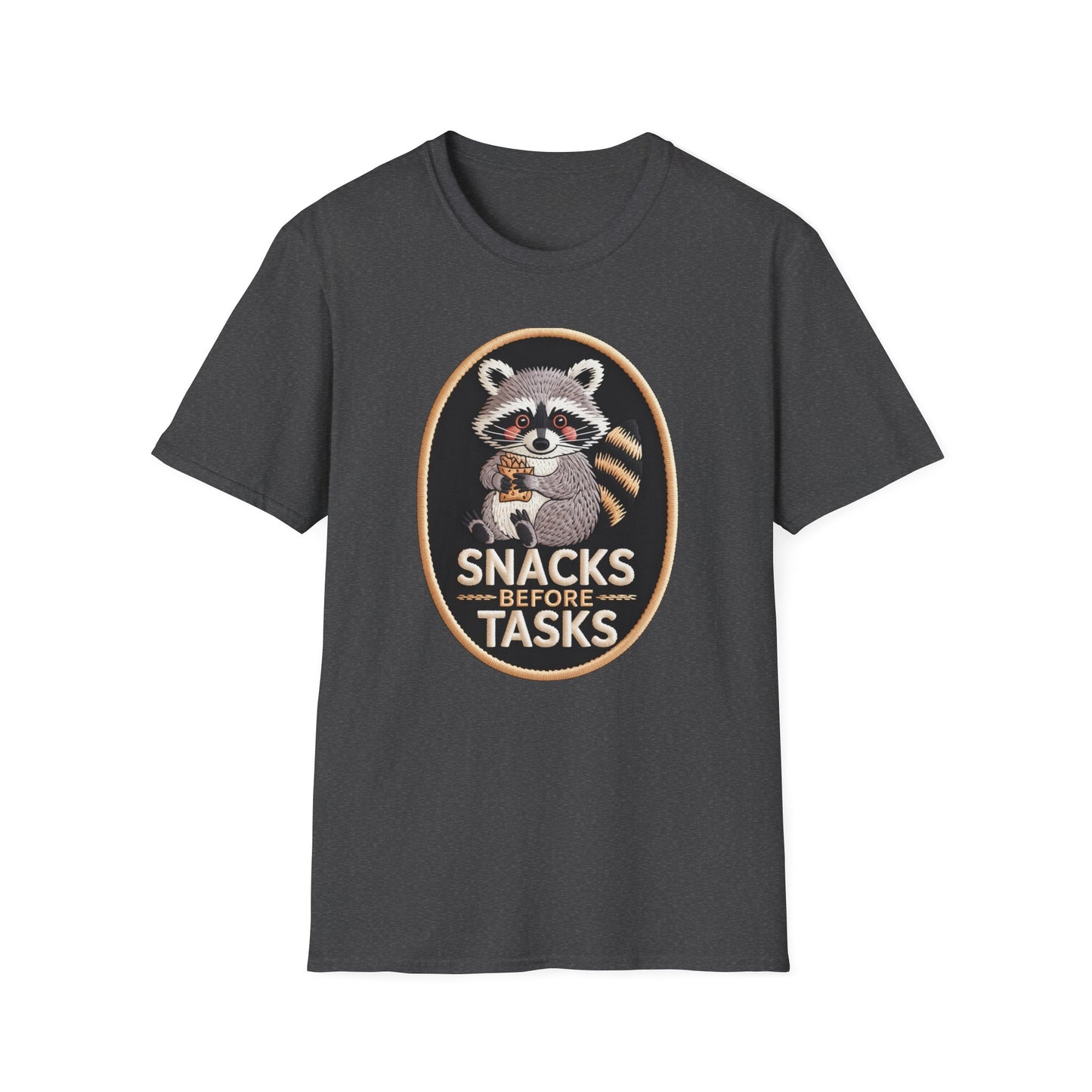 Irresistible Raccoon T-Shirt: "Snacks Before Tasks" Funny Animal Tee - Adorable Foodie Procrastination Gift