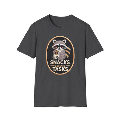Irresistible Raccoon T-Shirt: "Snacks Before Tasks" Funny Animal Tee - Adorable Foodie Procrastination Gift