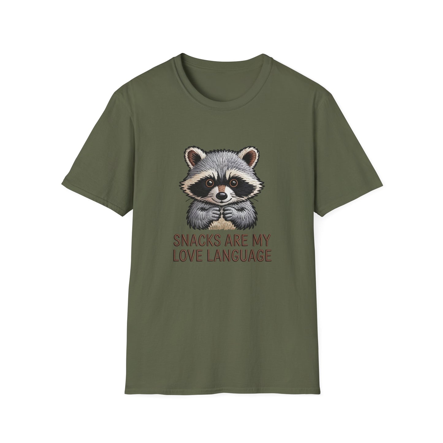 Adorable Raccoon "Snacks Are My Love Language" T-Shirt | Funny Foodie Animal Lover Tee | Ultimate Gift for Snack Enthusiasts