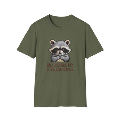 Adorable Raccoon "Snacks Are My Love Language" T-Shirt | Funny Foodie Animal Lover Tee | Ultimate Gift for Snack Enthusiasts