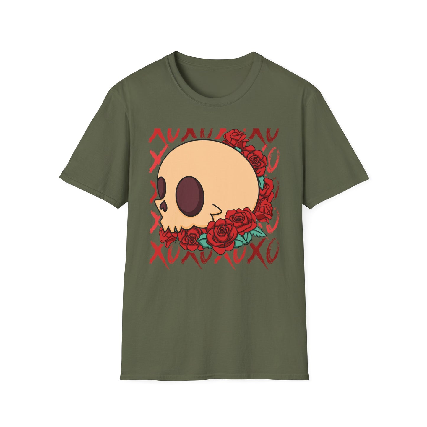 Charming XOXO Skull & Roses T-Shirt | Sweet Gothic Love Tee | Unique Edgy Romantic Print-on-Demand Apparel Gift