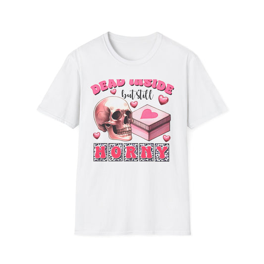 Awesome Dead Inside But Horny T-Shirt | Edgy Skull & Pink Hearts Tee | Sarcastic Valentine's Humor Gift