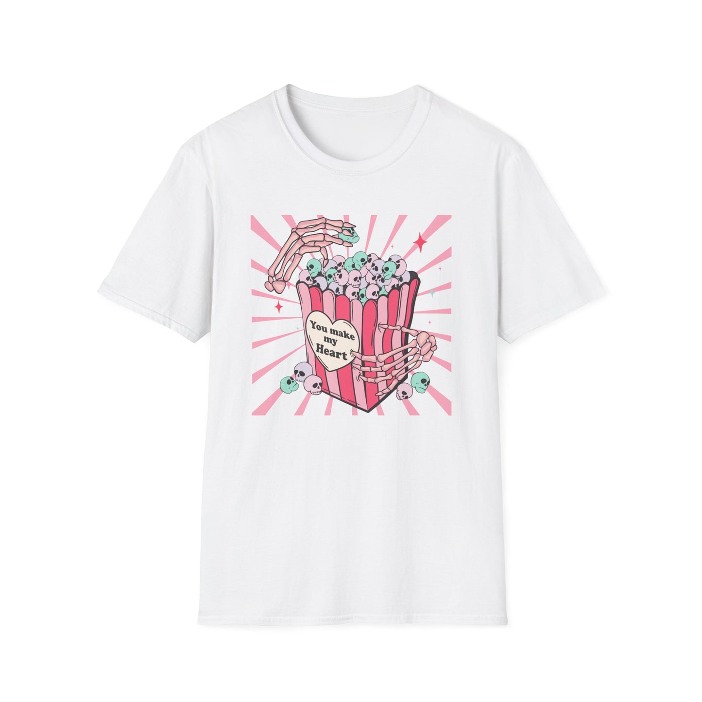 Spooky Sweet Skeleton 'You Make My Heart' T-Shirt | Pastel Goth Skull Popcorn Tee | Edgy Valentine's Day Gift for Unique Love