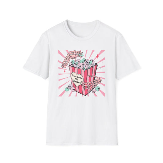 Spooky Sweet Skeleton 'You Make My Heart' T-Shirt | Pastel Goth Skull Popcorn Tee | Edgy Valentine's Day Gift for Unique Love