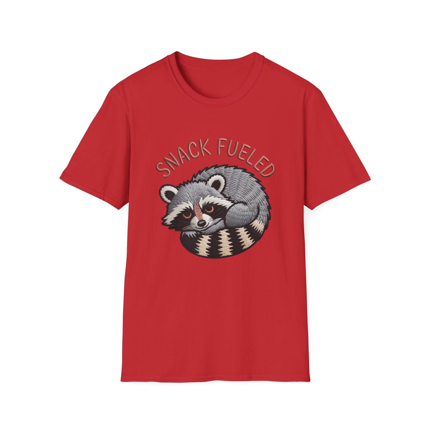 Adorable "Snack Fueled" Raccoon T-Shirt | Funny Embroidered Wildlife Tee for Animal Lovers | Cute & Cozy Gift