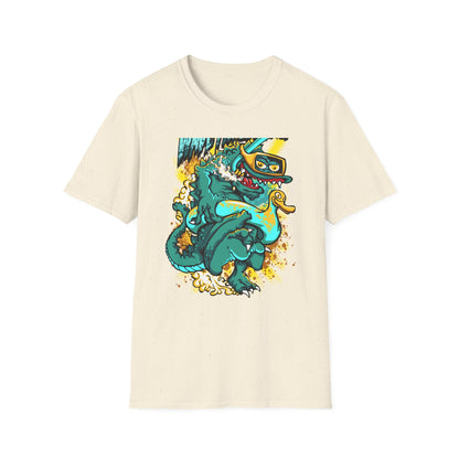 Epic 'WAVE I'M COMING' Monster T-Shirt - Hilarious Swimming Dragon & Duck Float Graphic Tee for Summer Fun & Beach Adventures