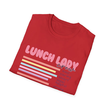 Awesome Lunch Lady Crew T-Shirt - Retro Pastel Stripes & Heartfelt Qualities - Unique School Cafeteria Staff Appreciation Tee