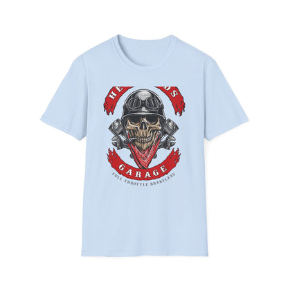 Epic Biker Skull T-Shirt: Hellroads Garage Full Throttle Design - Vintage Mechanic & Hot Rod Tee