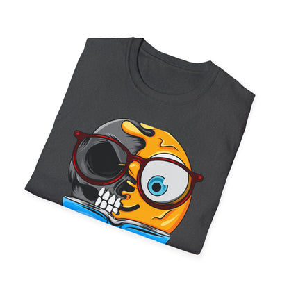 Clever Duality T-Shirt: Smart Skull & Emoji Bookworm Reader Tee for Unique Minds. Striking Graphic Top Gift.
