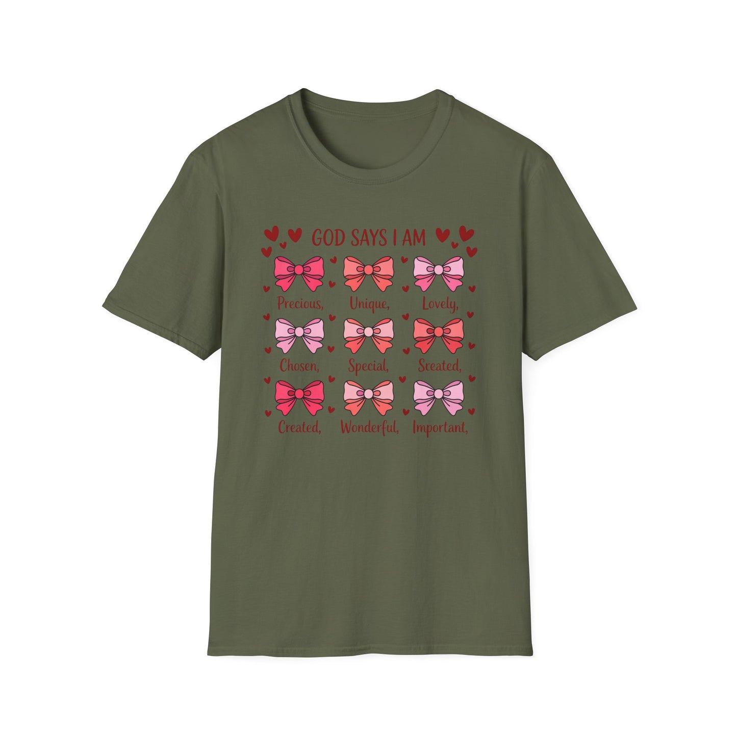 Empowering God Says I Am T-Shirt | Divine Christian Affirmation Tee for Women & Girls with Cute Bows & Hearts