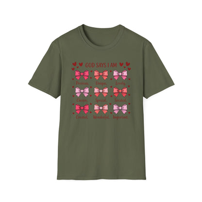 Empowering God Says I Am T-Shirt | Divine Christian Affirmation Tee for Women & Girls with Cute Bows & Hearts