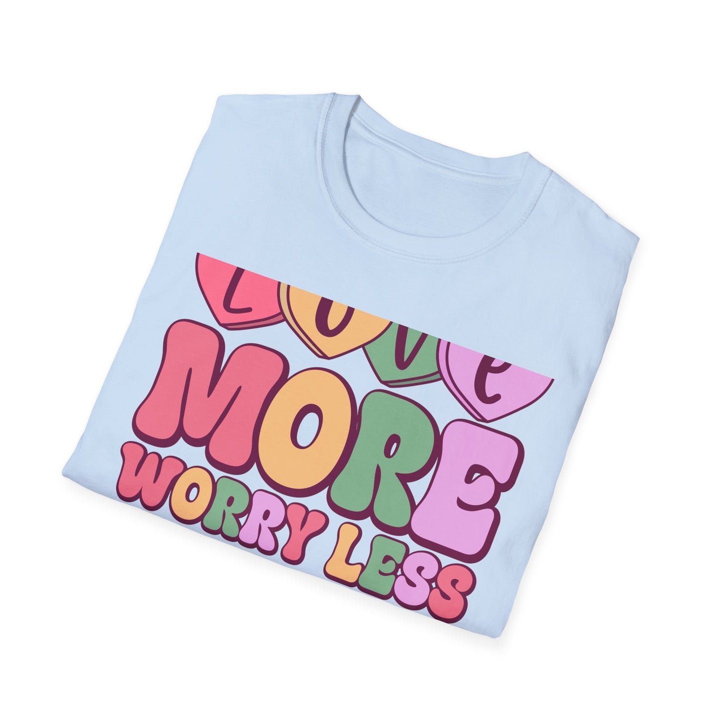 Retro Love More Worry Less T-Shirt - Groovy Candy Hearts & Positive Message Tee for Women & Teens | Inspiring Vibes