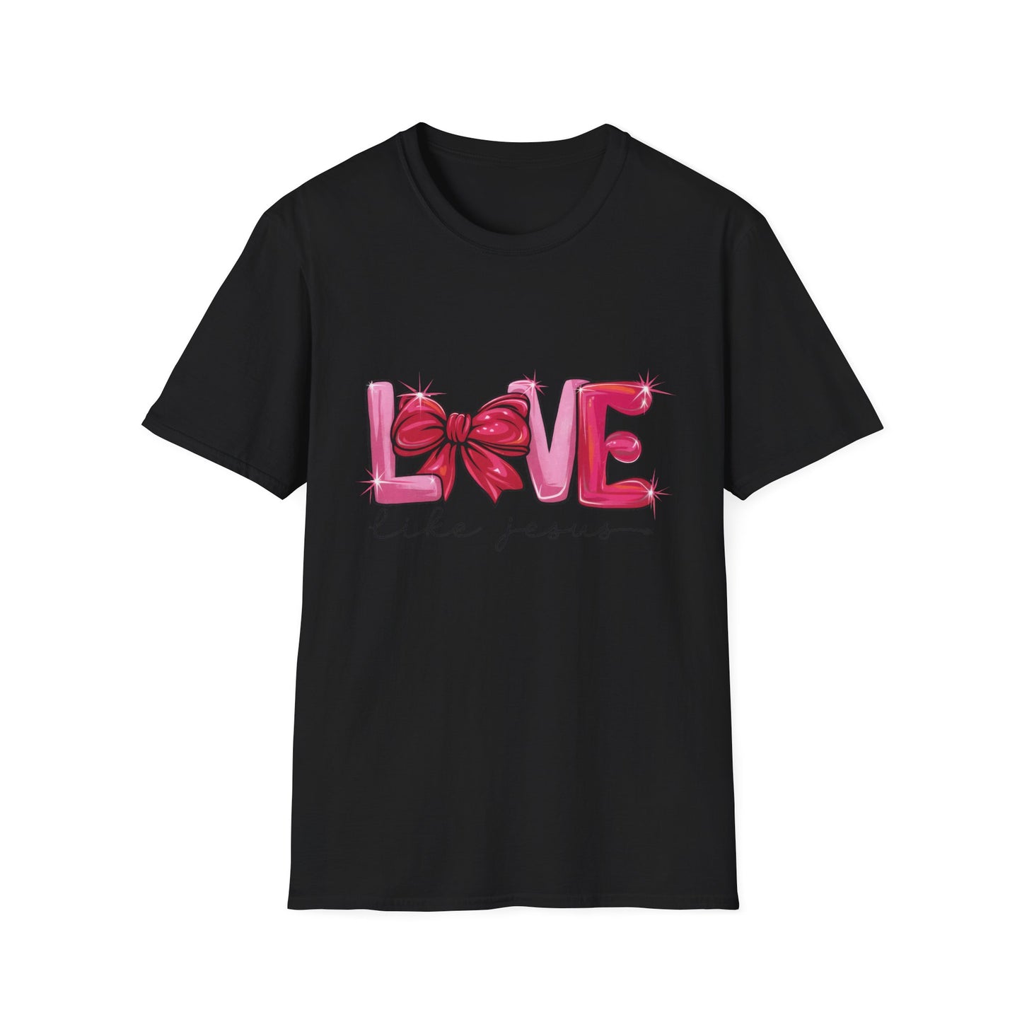 Sparkling LOVE Like Jesus T-Shirt | Vibrant Pink Bow Faith Tee | Women's Christian Inspirational Gift