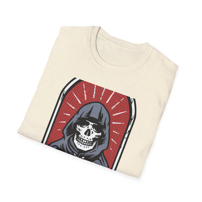 Bold Pop Art Skeleton T-Shirt: Hooded Grim Reaper with Rosary - Unique Gothic Alt Style Tee