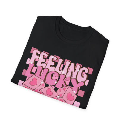Feeling Lucky Groovy T-Shirt | Pink Heart Dice Retro Aesthetic Tee | Trendy Y2K Cute Sparkling Top for Women & Teens