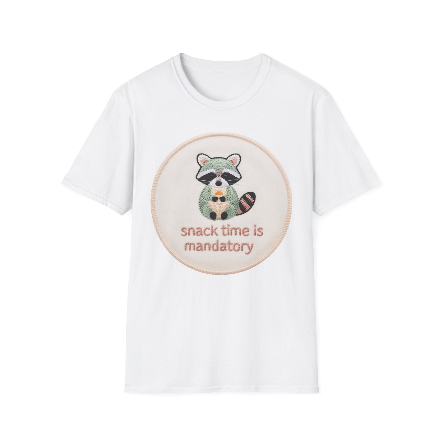 Charming Embroidered Raccoon T-Shirt - "Snack Time Is Mandatory" Cute Animal Lover & Foodie Tee