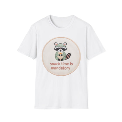 Charming Embroidered Raccoon T-Shirt - "Snack Time Is Mandatory" Cute Animal Lover & Foodie Tee