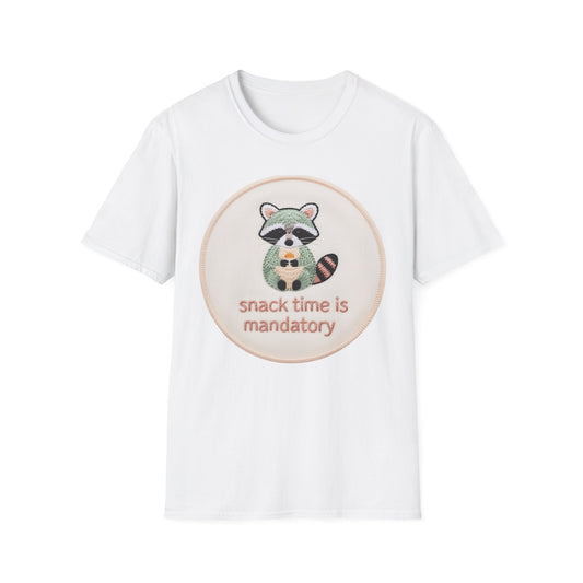 Charming Embroidered Raccoon T-Shirt - "Snack Time Is Mandatory" Cute Animal Lover & Foodie Tee