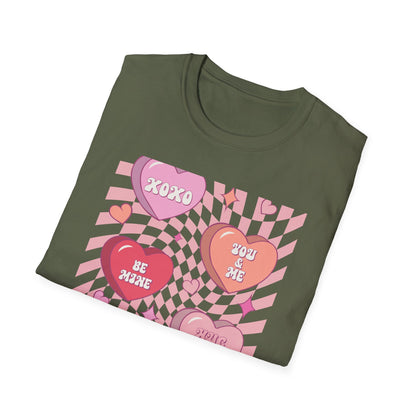 Groovy Conversation Hearts T-Shirt | Y2K Aesthetic Wavy Checkerboard Valentine's Day Tee | Adorable Retro Love Gift