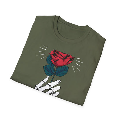 Striking Skeleton Hand Holding Rose T-Shirt | Unique Gothic Love Tee | Captivating Alt Fashion Top for Edgy Style