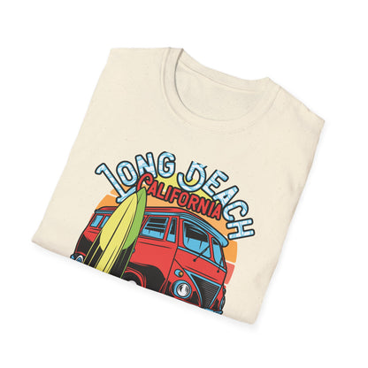 Vintage Long Beach California Surfing Paradise T-Shirt | Retro VW Bus & Surfboard Beach Lover Tee | Cool Summer Vacation Gift