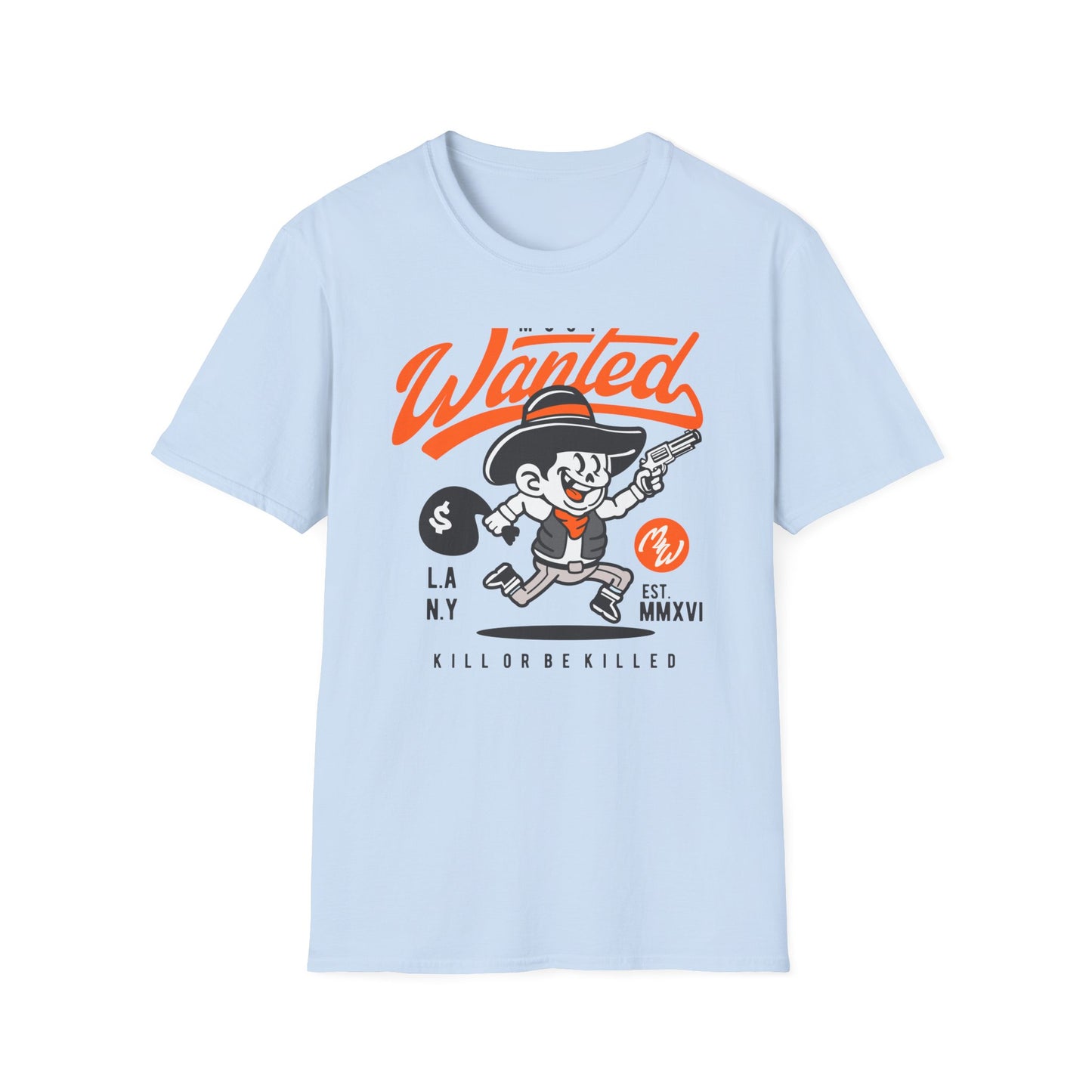 Most Wanted Urban Outlaw T-Shirt | Edgy Rebel Streetwear Tee with Cowboy, Gun & Money Bag Design. Unstoppable Style!