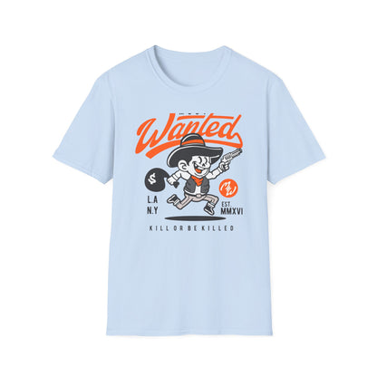 Most Wanted Urban Outlaw T-Shirt | Edgy Rebel Streetwear Tee with Cowboy, Gun & Money Bag Design. Unstoppable Style!