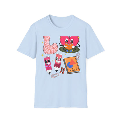 Groovy Leopard 'L' Back to School T-Shirt | Whimsical Reading Apple & Pencil Pals Tee | Fun Teacher Student Gift Idea