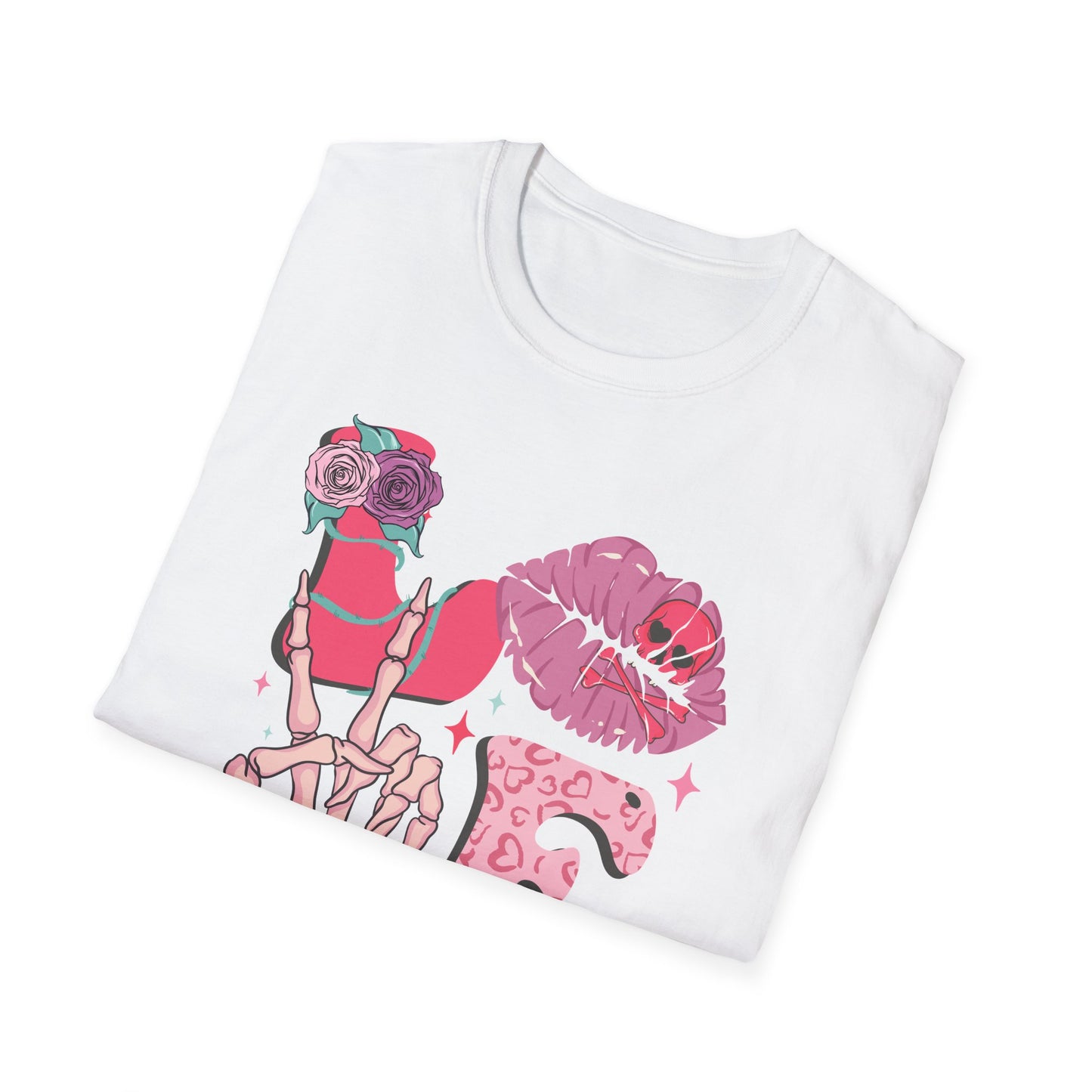 Edgy Pink Grunge T-Shirt: Skull Kiss, Peace Skeleton Hand, Roses & Heart Initial 'E' Design. Trendy Alt Fashion Tee.