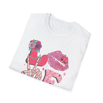 Edgy Pink Grunge T-Shirt: Skull Kiss, Peace Skeleton Hand, Roses & Heart Initial 'E' Design. Trendy Alt Fashion Tee.