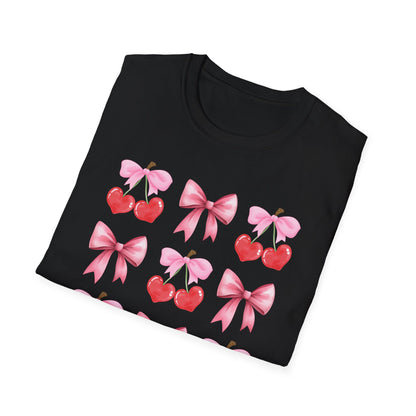 Delightful Pink Bow & Heart Cherry T-Shirt - Adorable Lovecore Aesthetic Tee for Her | Sweet Valentine's Gift