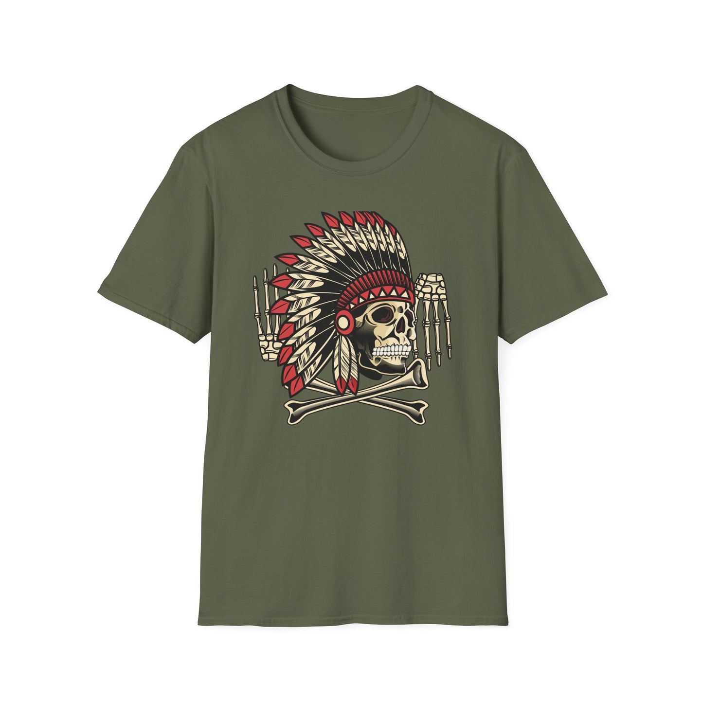 Striking Native Chief Skull Headdress T-Shirt - Unique Gothic Biker Tattoo Art Apparel for Rebel Souls
