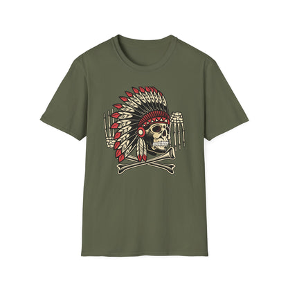Striking Native Chief Skull Headdress T-Shirt - Unique Gothic Biker Tattoo Art Apparel for Rebel Souls