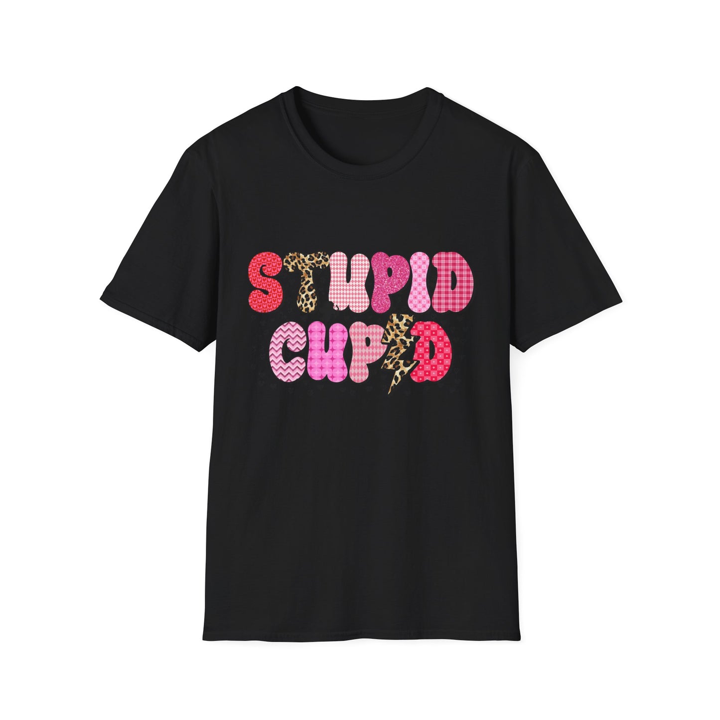Edgy "Stupid Cupid" T-Shirt - Sarcastic Anti-Valentine's Day Tee with Retro Leopard & Glitter Patterns