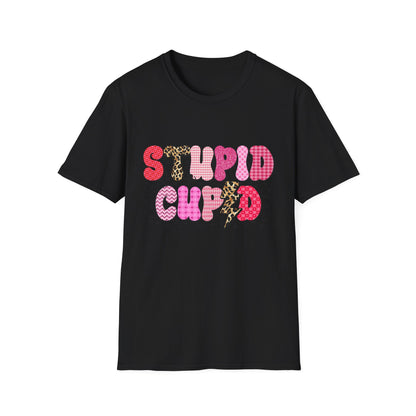 Edgy "Stupid Cupid" T-Shirt - Sarcastic Anti-Valentine's Day Tee with Retro Leopard & Glitter Patterns