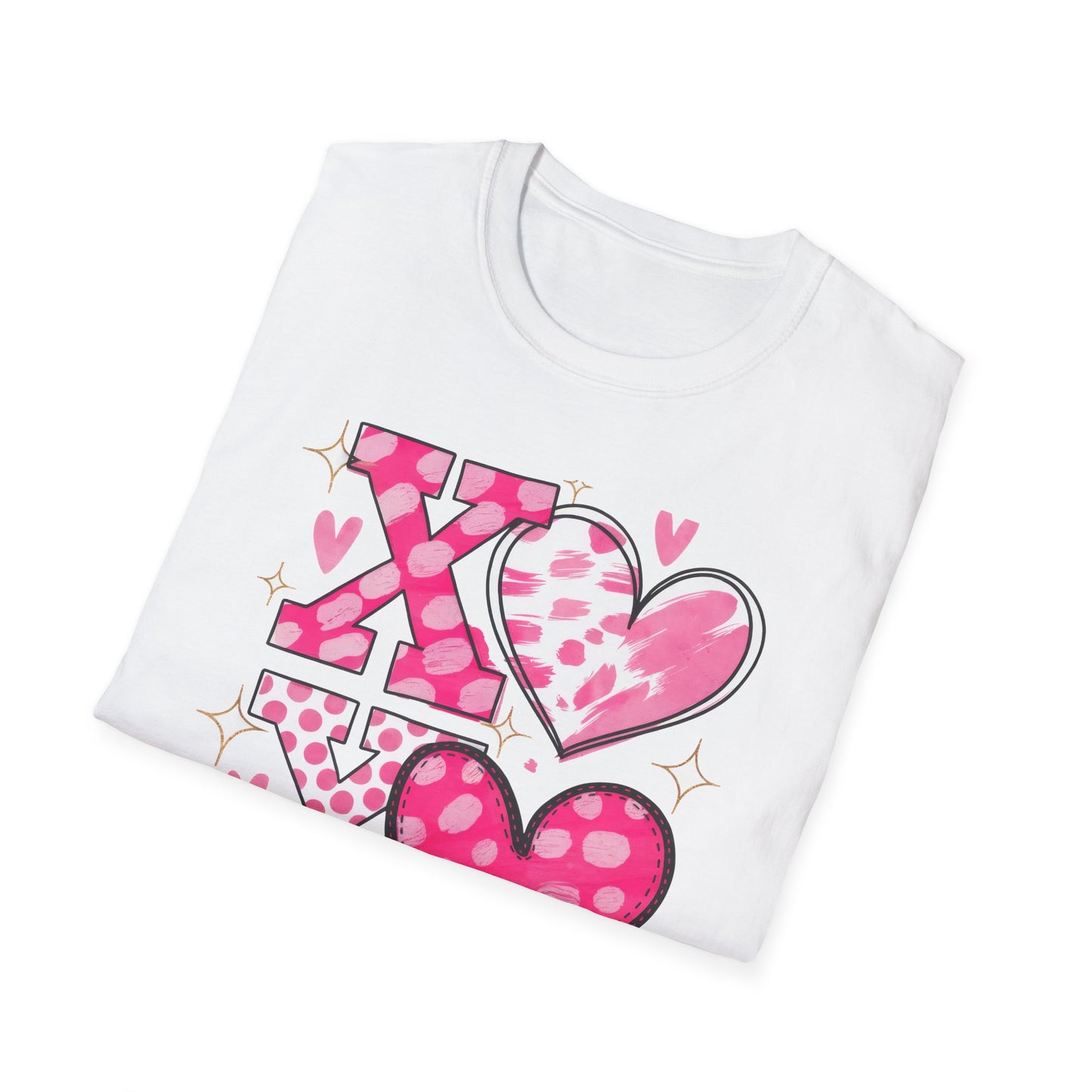 Sparkling XOXO Love Hearts T-Shirt | Chic Pink Polka Dot & Brushstroke Tee | Perfect Valentine's Day & Everyday Wear