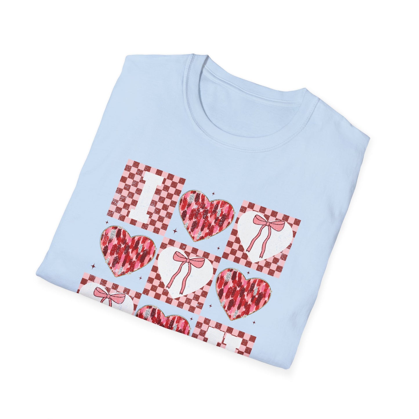 Chic "I Love You" Heart & Bow T-Shirt - Unique Distressed Checkered Design for Valentine's Day & Romantic Gifts for Her