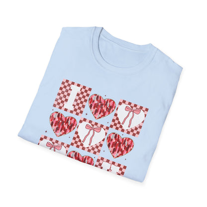 Chic "I Love You" Heart & Bow T-Shirt - Unique Distressed Checkered Design for Valentine's Day & Romantic Gifts for Her