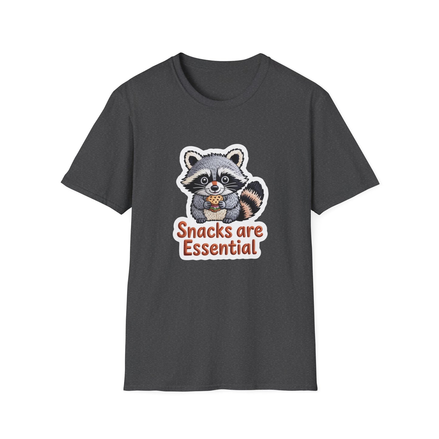 "Snacks are Essential" Raccoon T-Shirt | Cute Foodie Animal Lover Tee | Funny & Cozy Gift for Snack Addicts