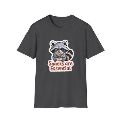 "Snacks are Essential" Raccoon T-Shirt | Cute Foodie Animal Lover Tee | Funny & Cozy Gift for Snack Addicts
