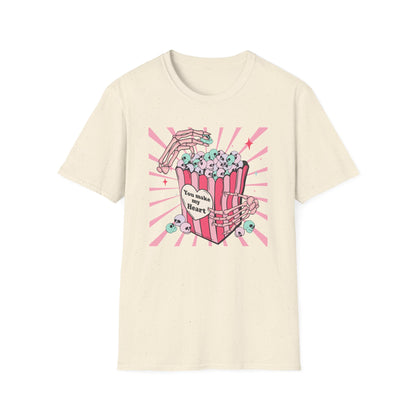 Spooky Sweet Skeleton 'You Make My Heart' T-Shirt | Pastel Goth Skull Popcorn Tee | Edgy Valentine's Day Gift for Unique Love