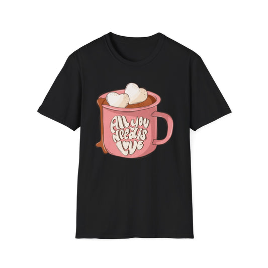 “All You Need Is Love” Hot Chocolate T-Shirt | Cozy Retro Valentine's Day Tee with Heart Marshmallows | Sweet Gift