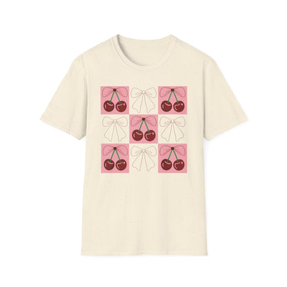 Charming Coquette Cherry Bow T-Shirt | Sweet Pink Aesthetic & Trendy Fruit Pattern Tee for Women