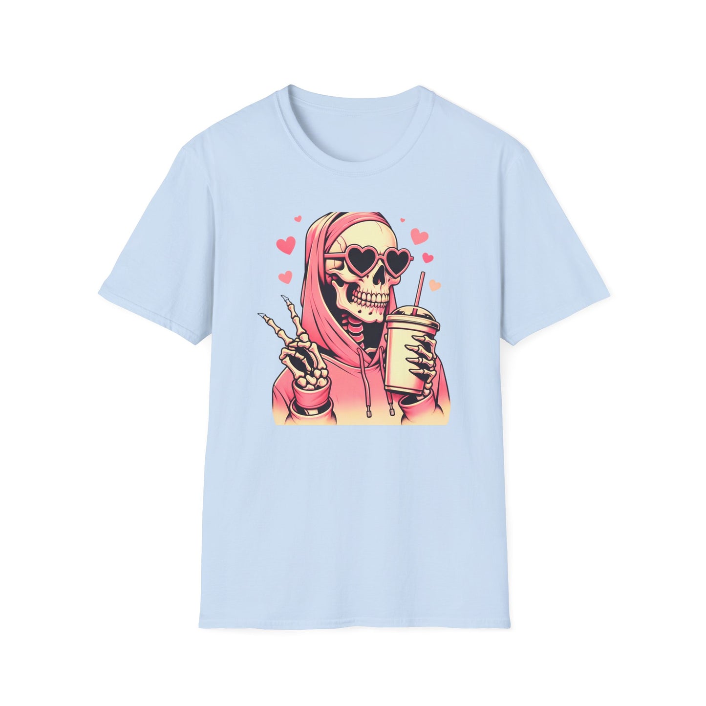 Trendy Pink Skeleton T-Shirt: Chill Vibes, Heart Sunglasses & Peace Sign Tee – Spooky Cute Aesthetic for Women & Teens