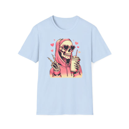 Trendy Pink Skeleton T-Shirt: Chill Vibes, Heart Sunglasses & Peace Sign Tee – Spooky Cute Aesthetic for Women & Teens