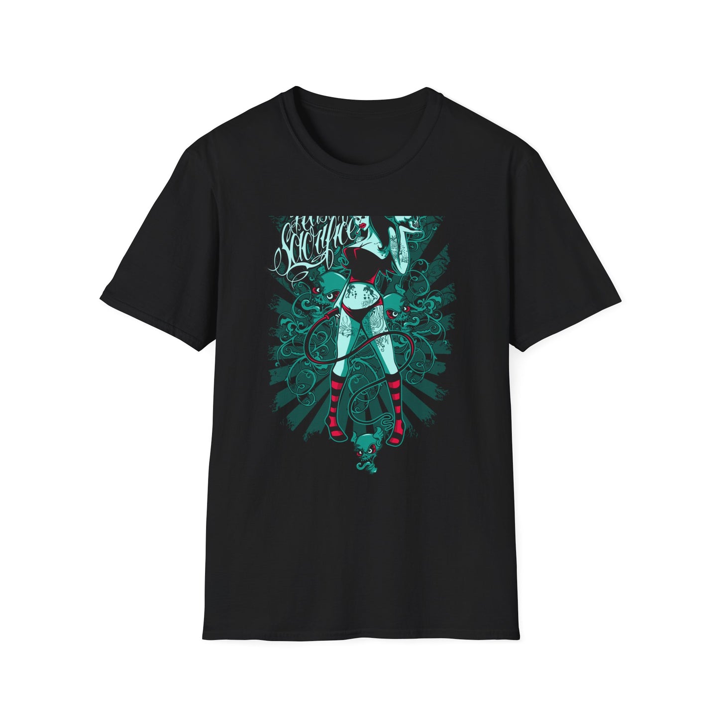 Bold 'Feast of Sacrifice' T-Shirt - Edgy Pin-Up Girl, Flaming Skulls & Tattoo Art for Goth & Alternative Style